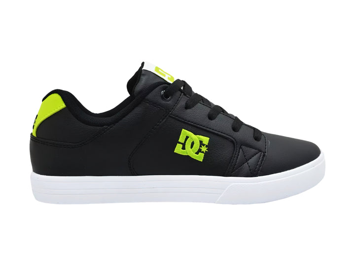 Tenis DC Shoes modelo Adys en color negro con detalles en verde neón y suela blanca.