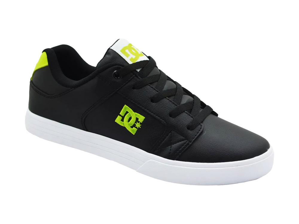 Tenis DC Shoes modelo Adys en color negro con detalles en verde neón y suela blanca.