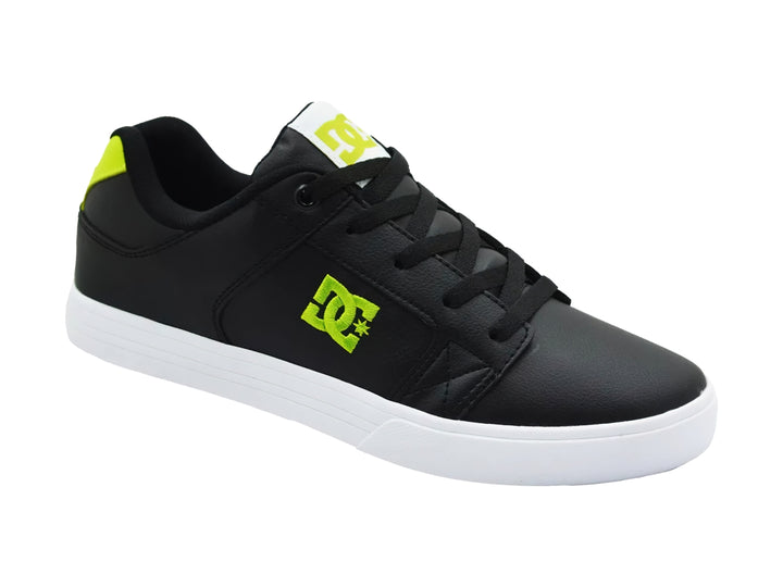 Tenis DC Shoes modelo Adys en color negro con detalles en verde neón y suela blanca.