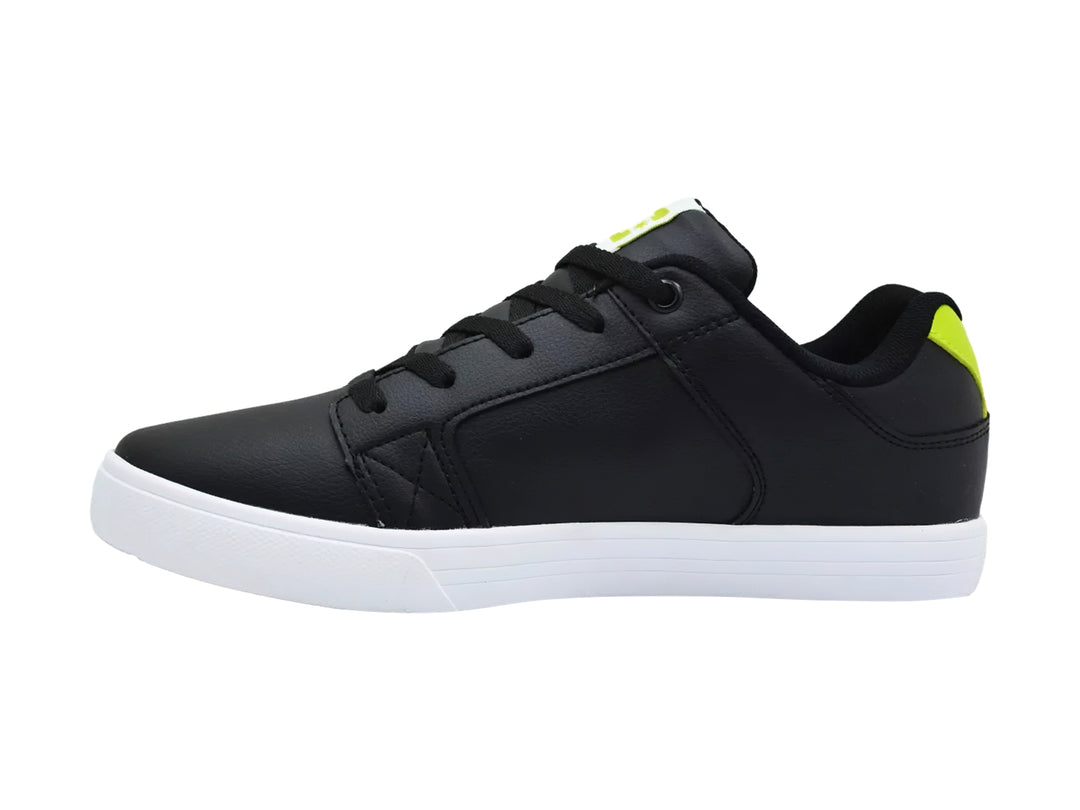 Tenis DC Shoes modelo Adys en color negro con detalles en verde neón y suela blanca.