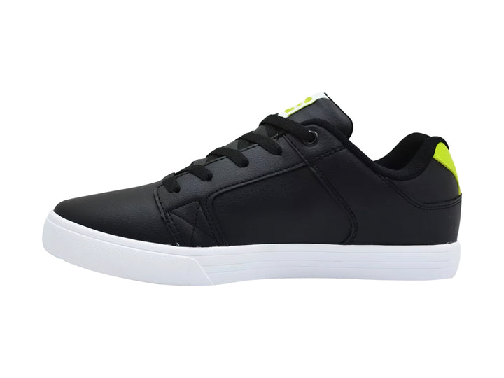 Tenis DC Shoes modelo Adys en color negro con detalles en verde neón y suela blanca.