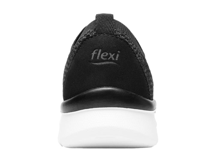 Tenis Flexi modelo Ashley en color negro con suela blanca y acabado textil tejido.