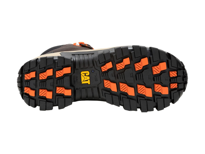 Bota Caterpillar color café Coffee Bean con suela robusta beige y negra, diseño de caña media para trabajo o exterior.