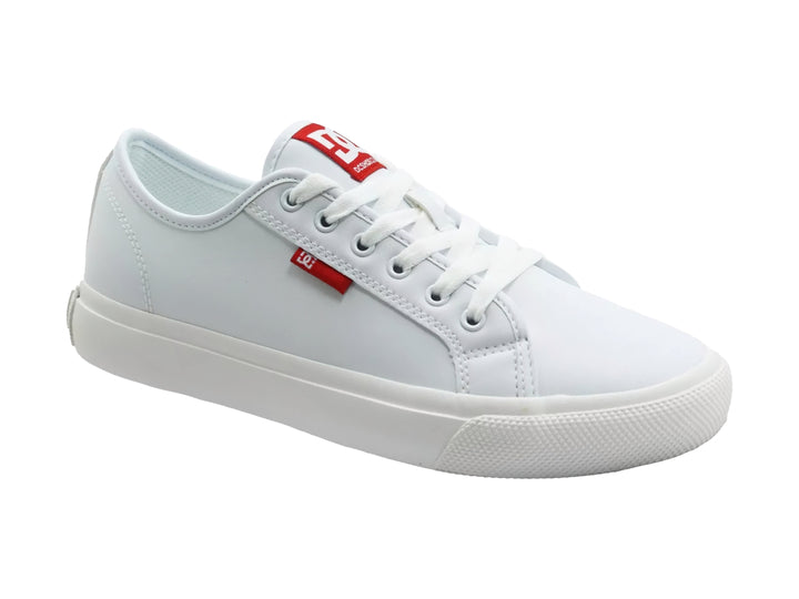 Tenis DC Shoes color blanco con detalles en rojo y suela blanca, vista lateral.