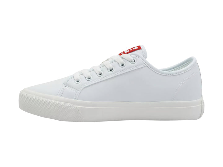Tenis DC Shoes color blanco con detalles en rojo y suela blanca, vista lateral.