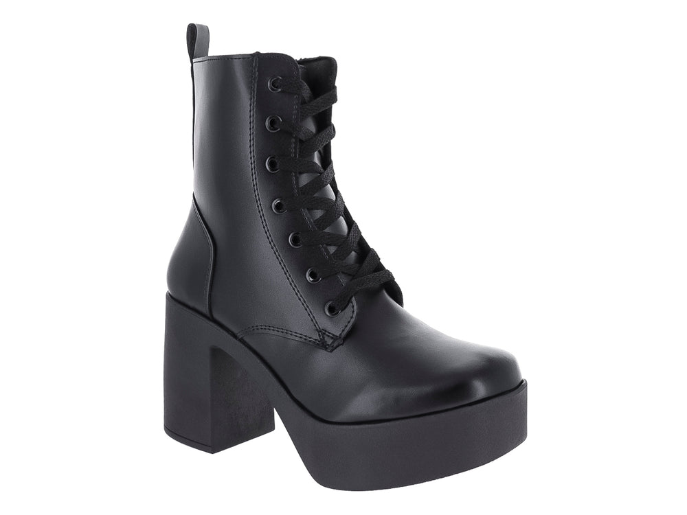 Botas negras de plataforma y tacón grueso con cierre de agujetas para mujer.