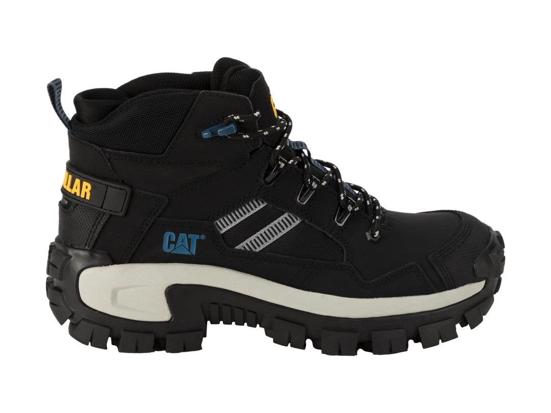 Bota de trabajo Caterpillar Invader Mid Vent en color negro con suela blanca y detalles en azul.