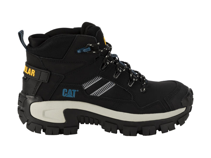 Bota de trabajo Caterpillar Invader Mid Vent en color negro con suela blanca y detalles en azul.
