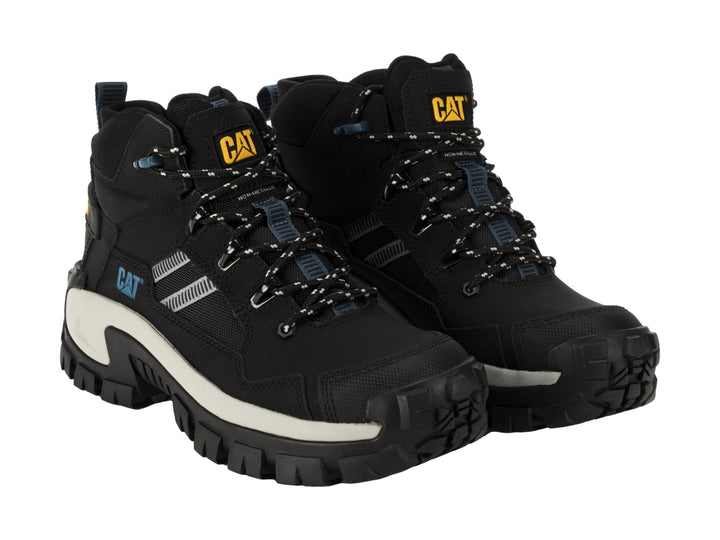 Bota de trabajo Caterpillar Invader Mid Vent en color negro con suela blanca y detalles en azul.