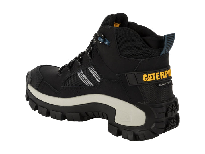 Bota de trabajo Caterpillar Invader Mid Vent en color negro con suela blanca y detalles en azul.