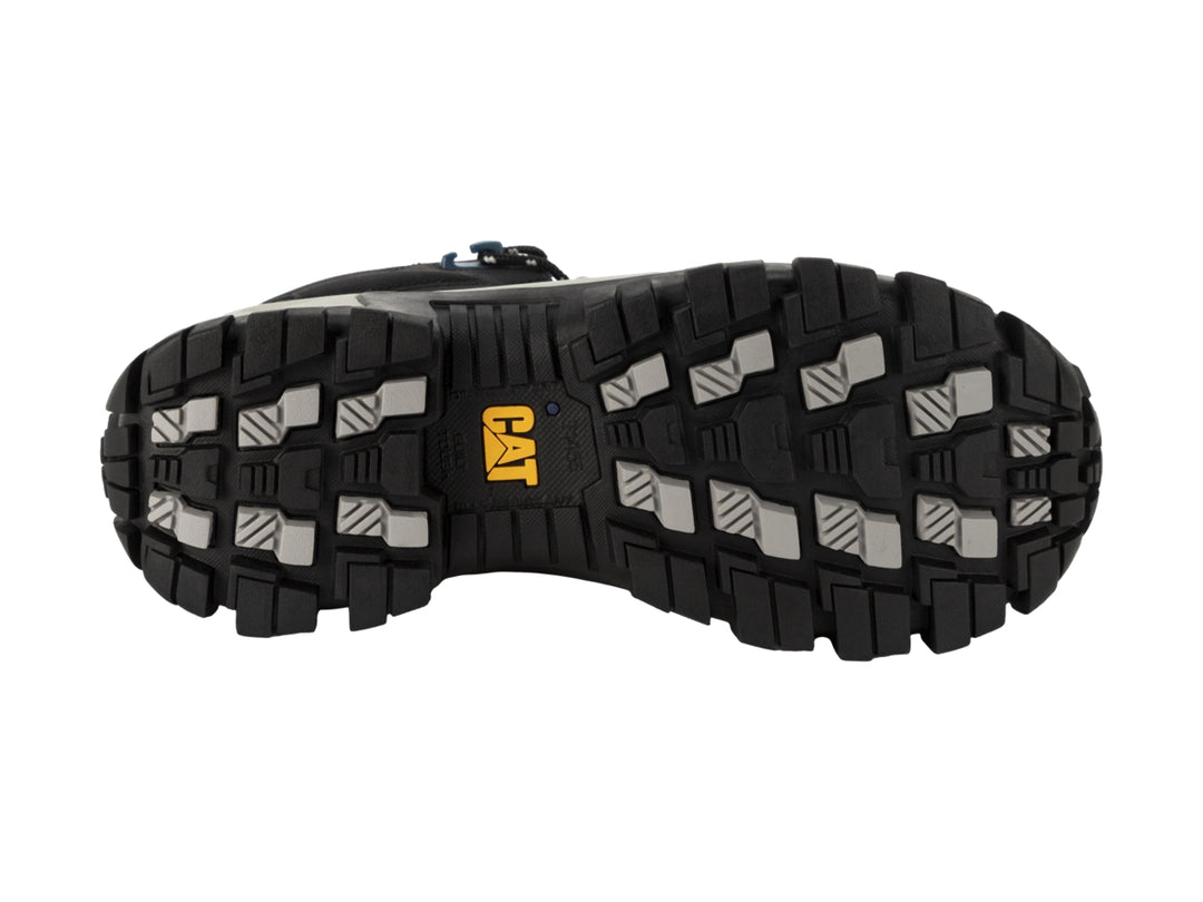 Bota de trabajo Caterpillar Invader Mid Vent en color negro con suela blanca y detalles en azul.