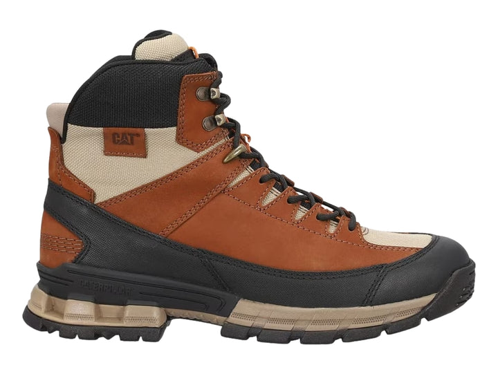 Botas Caterpillar de cuero color gingerbread con detalles en negro y beige, diseño robusto para trabajo.