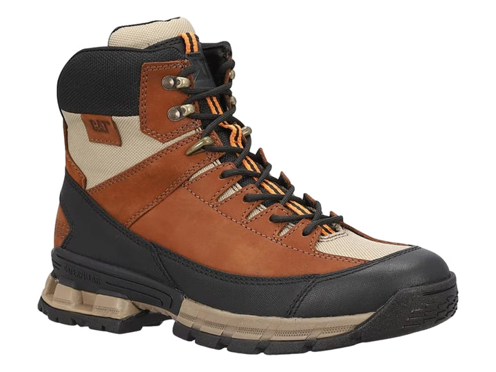 Botas Caterpillar de cuero color gingerbread con detalles en negro y beige, diseño robusto para trabajo.