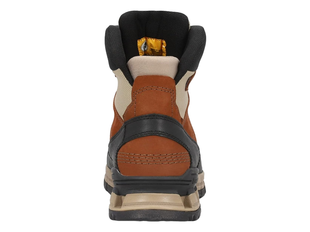 Botas Caterpillar de cuero color gingerbread con detalles en negro y beige, diseño robusto para trabajo.