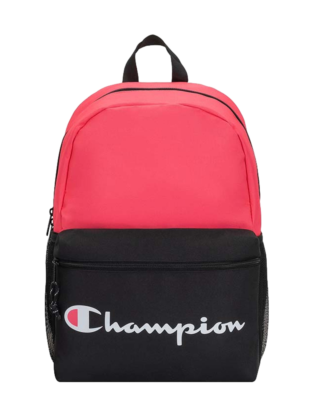 Mochila Champion bicolor en tonos rosa durazno y negro con logotipo blanco en el frente.
