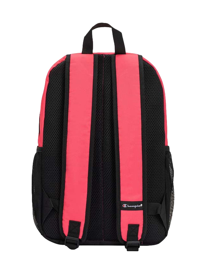 Mochila Champion bicolor en tonos rosa durazno y negro con logotipo blanco en el frente.