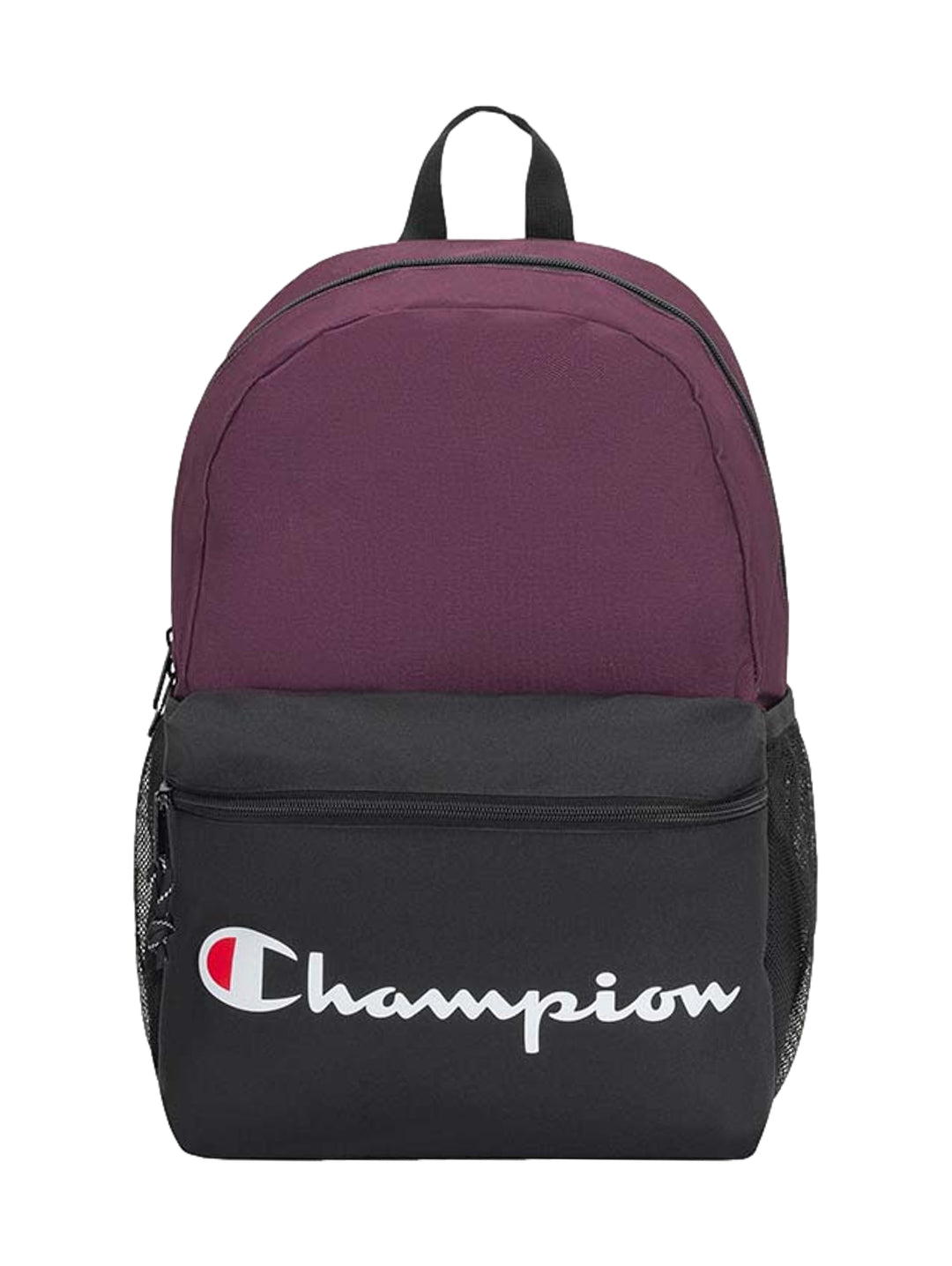 Mochila Champion bicolor en color guinda y negro con logotipo blanco en la parte frontal.