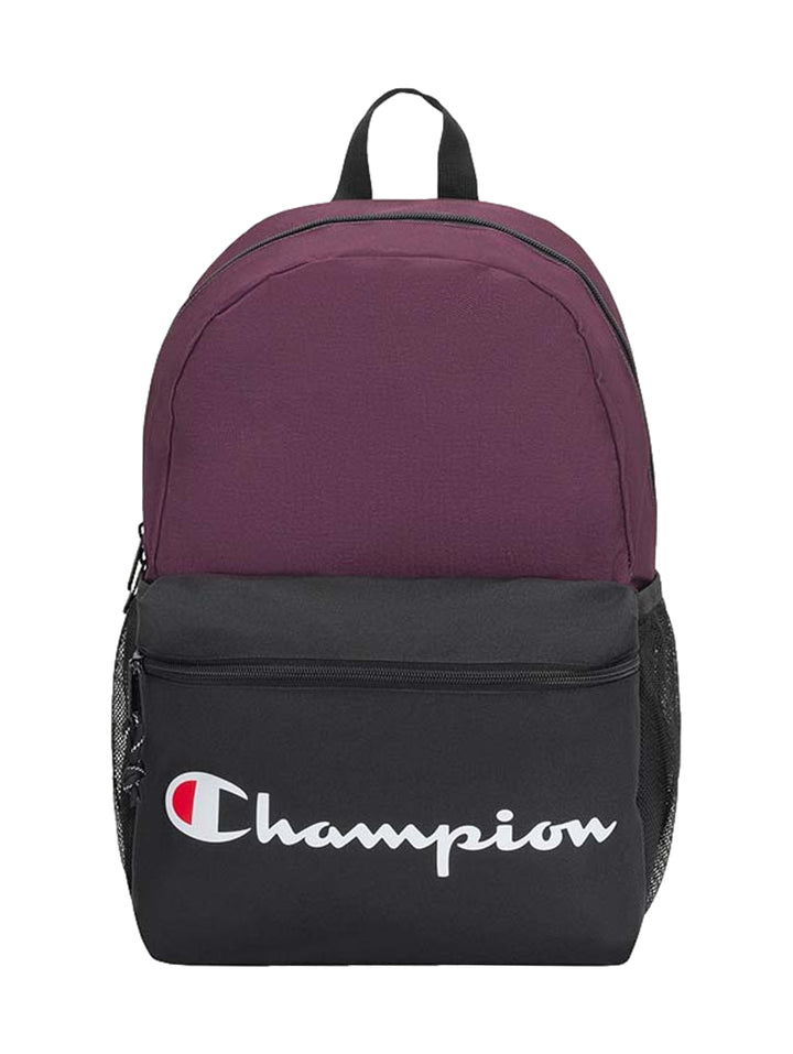 Mochila Champion bicolor en color guinda y negro con logotipo blanco en la parte frontal.