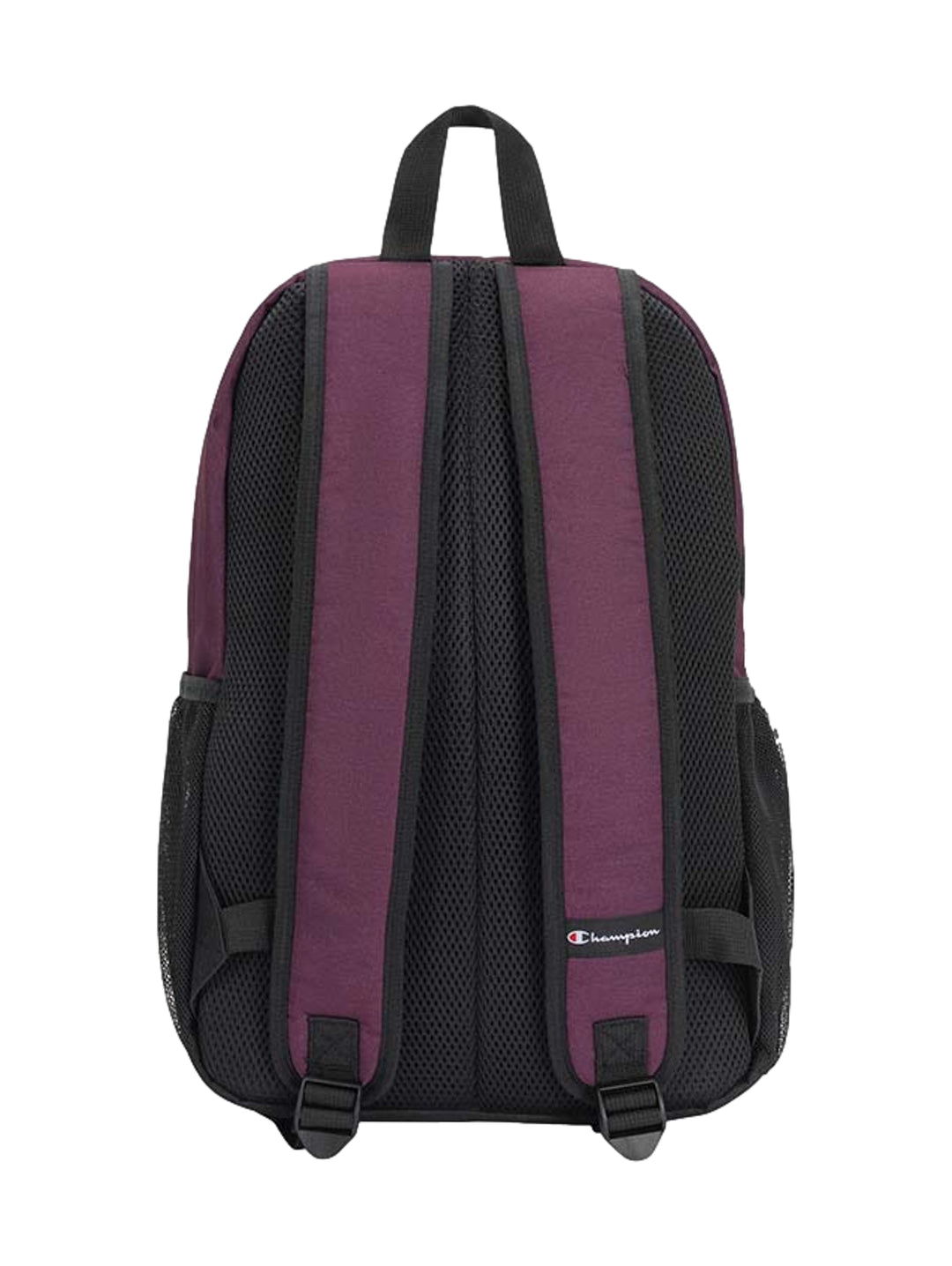 Mochila Champion bicolor en color guinda y negro con logotipo blanco en la parte frontal.