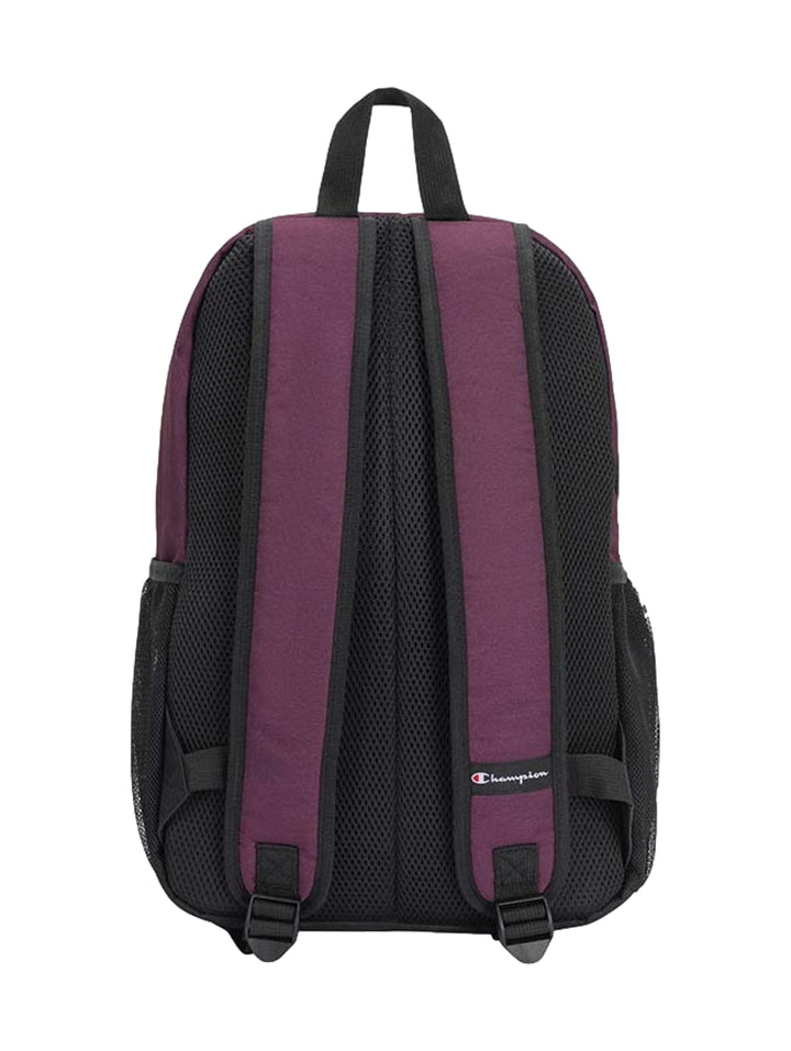 Mochila Champion bicolor en color guinda y negro con logotipo blanco en la parte frontal.