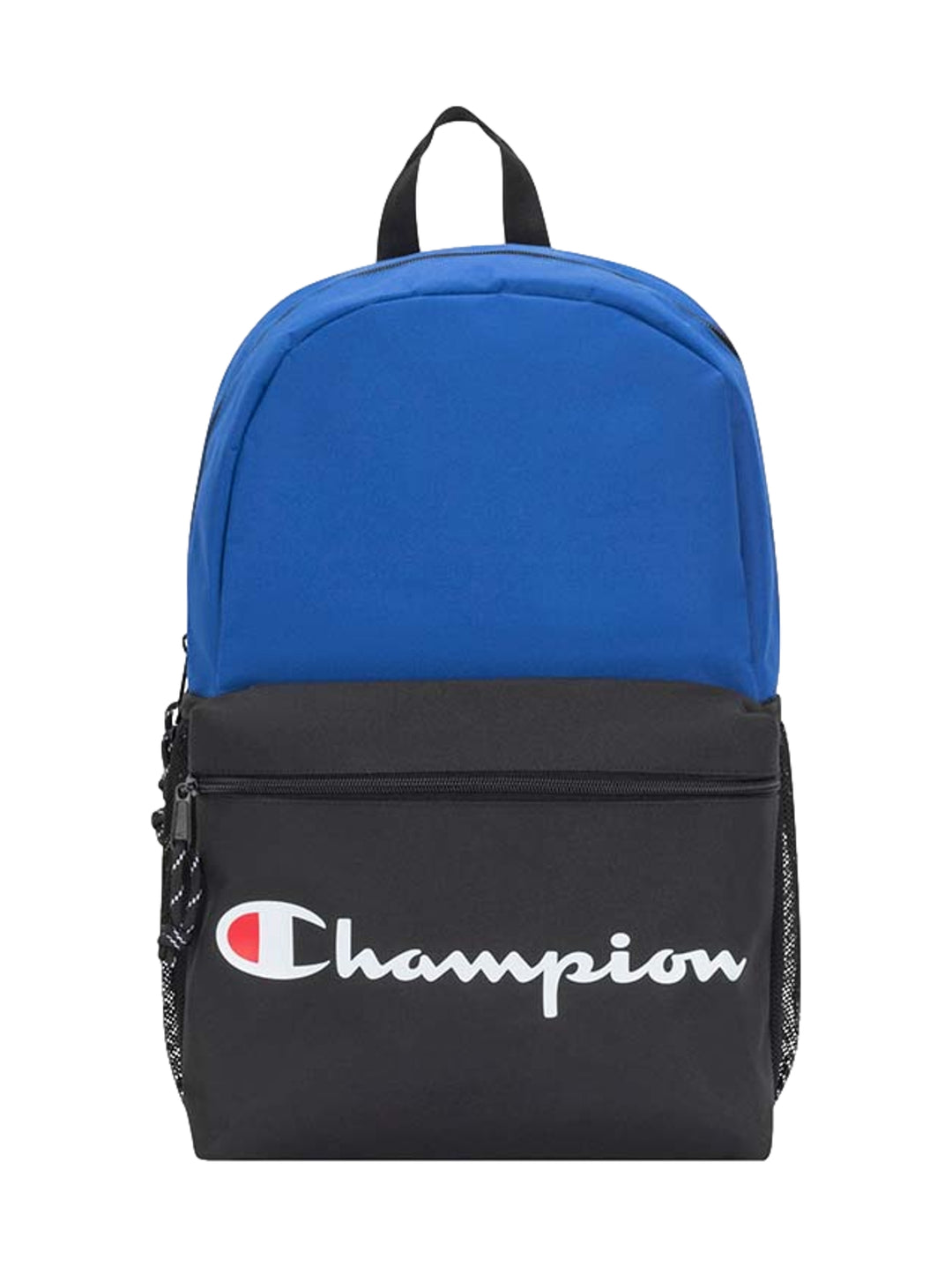 Mochila escolar Champion de color azul y negro con logotipo blanco en la parte frontal.