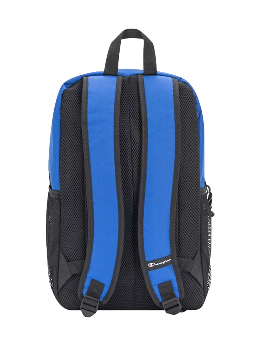 Mochila escolar Champion de color azul y negro con logotipo blanco en la parte frontal.