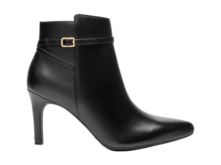 Botín Flexi de cuero negro para mujer con tacón medio y detalle de correa con hebilla dorada.