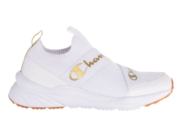 Tenis deportivos Champion color blanco con detalles dorados, diseño slip-on sin cordones y suela blanca.