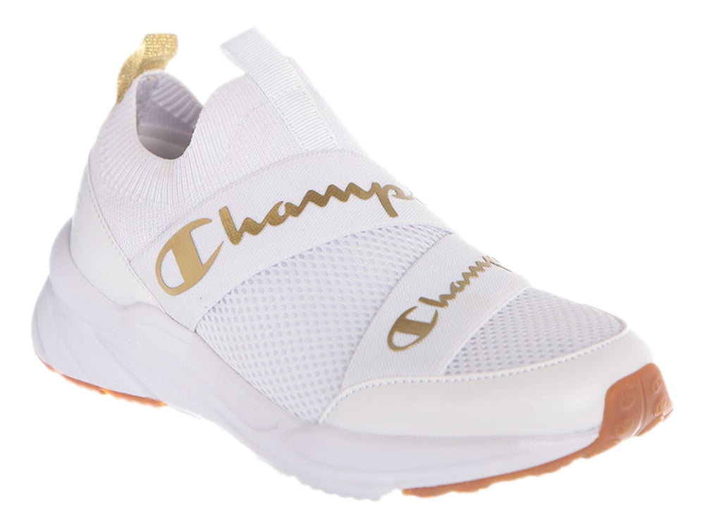Tenis deportivos Champion color blanco con detalles dorados, diseño slip-on sin cordones y suela blanca.