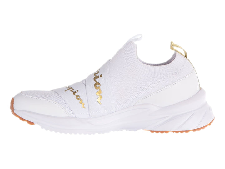 Tenis deportivos Champion color blanco con detalles dorados, diseño slip-on sin cordones y suela blanca.