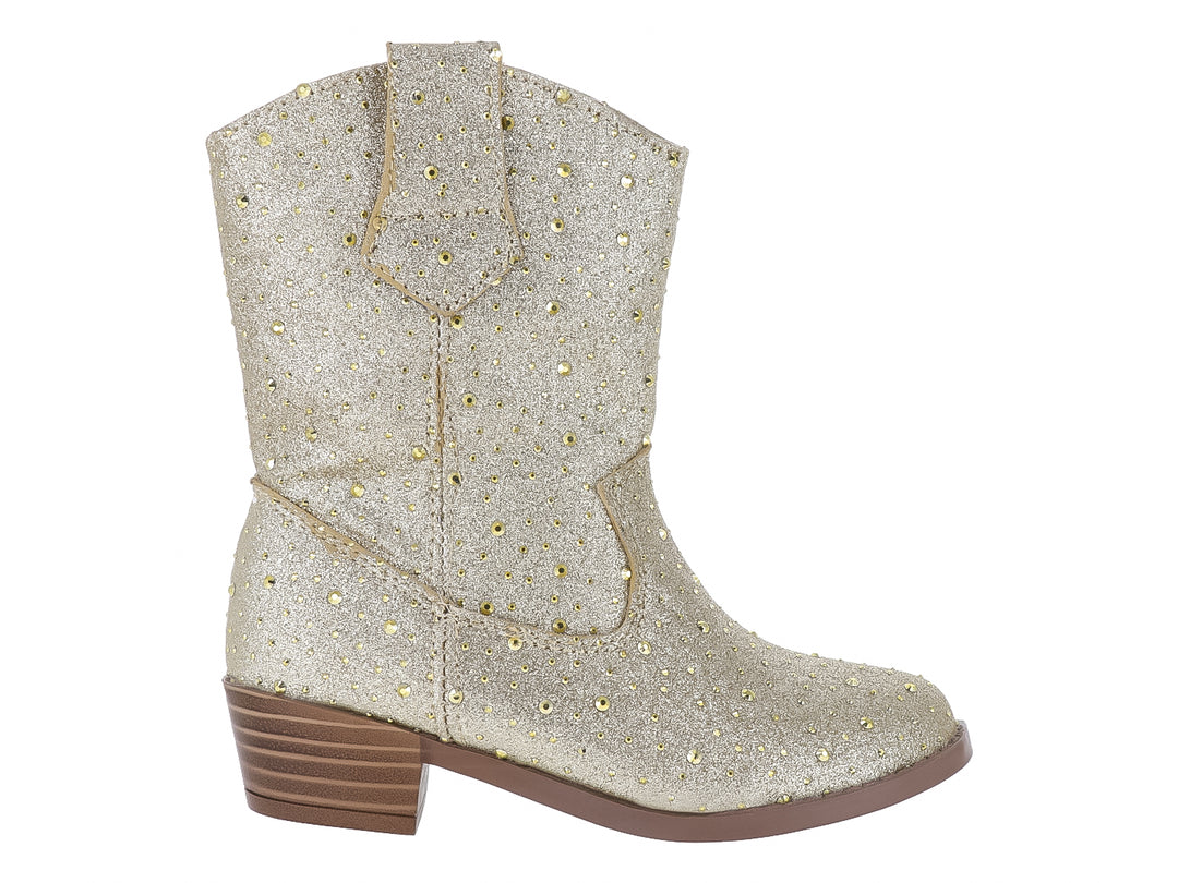 Bota vaquera para niña en color oro con acabado brillante y detalles de glitter.