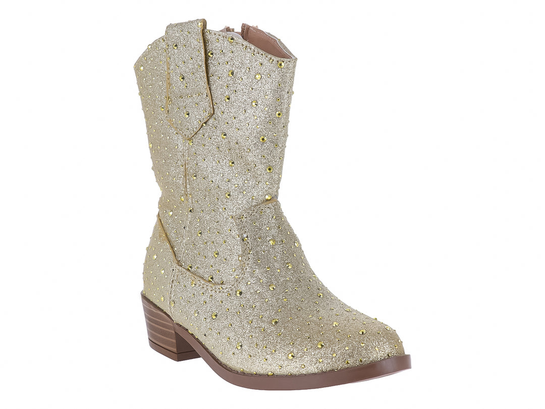 Bota vaquera para niña en color oro con acabado brillante y detalles de glitter.