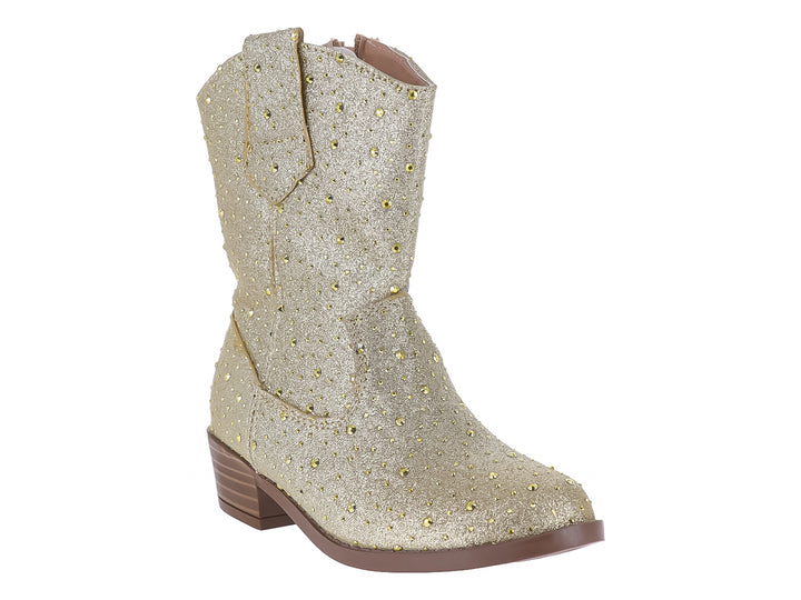 Bota vaquera para niña en color oro con acabado brillante y detalles de glitter.