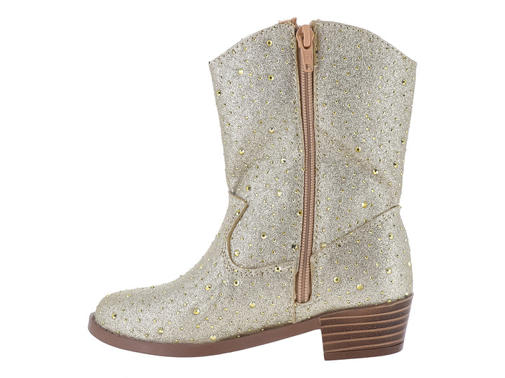 Bota vaquera para niña en color oro con acabado brillante y detalles de glitter.