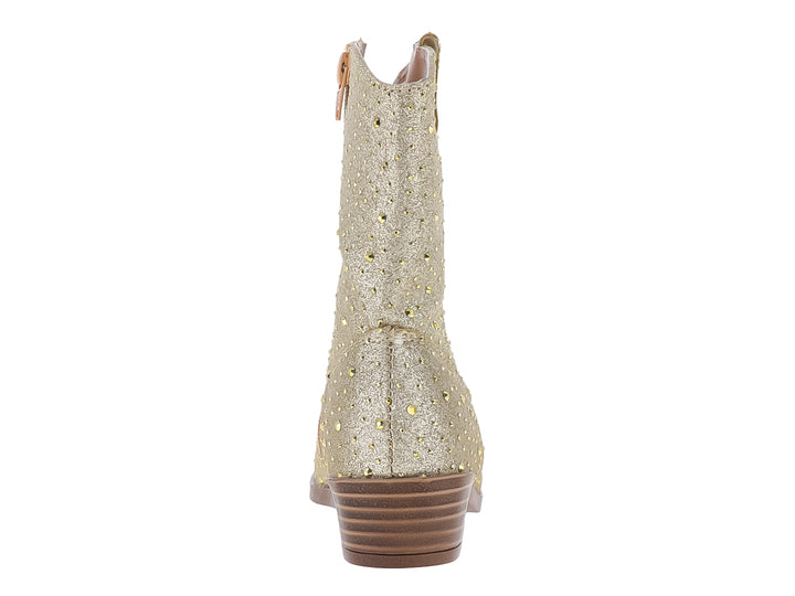 Bota vaquera para niña en color oro con acabado brillante y detalles de glitter.