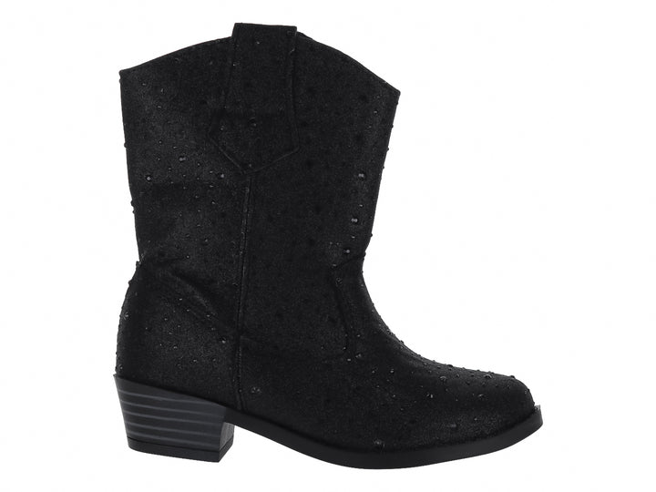 Bota vaquera color negro con detalles brillantes y tacón bajo para niña.