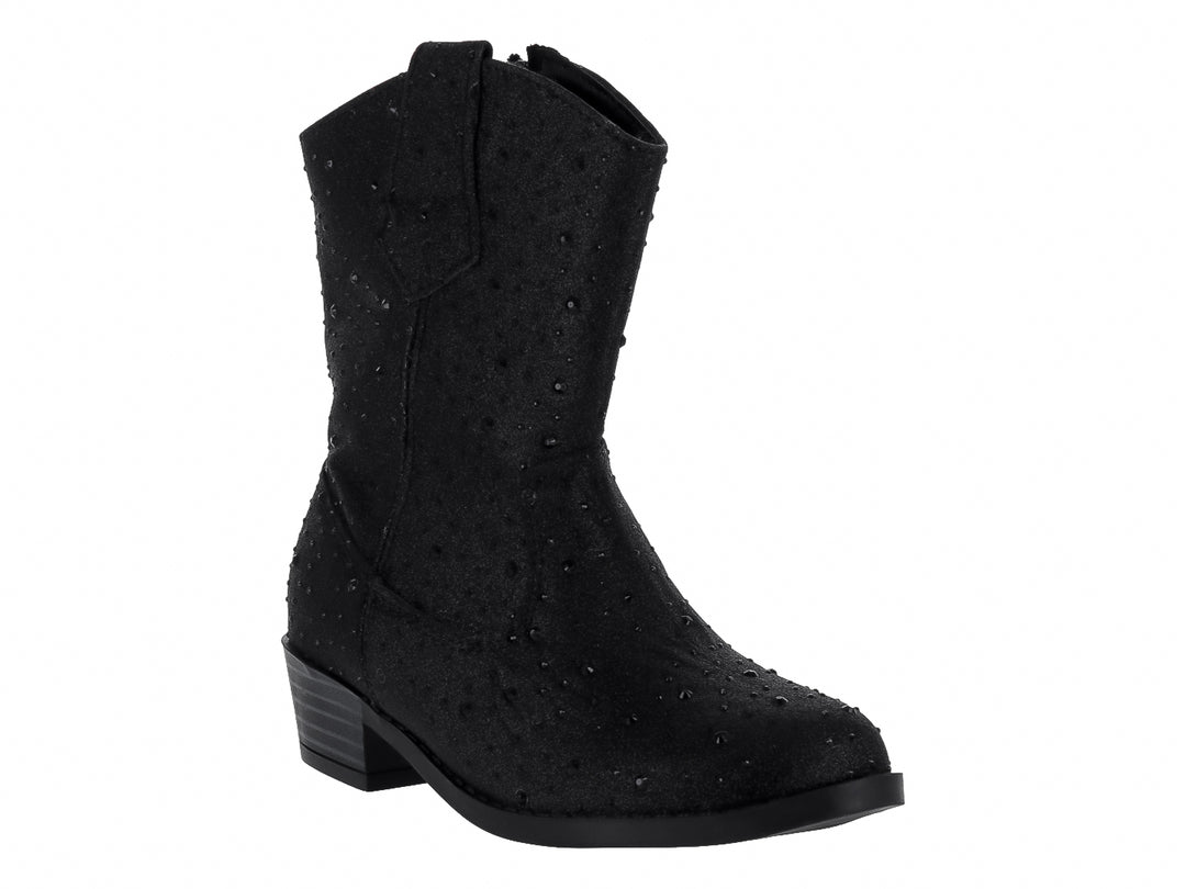 Bota vaquera color negro con detalles brillantes y tacón bajo para niña.