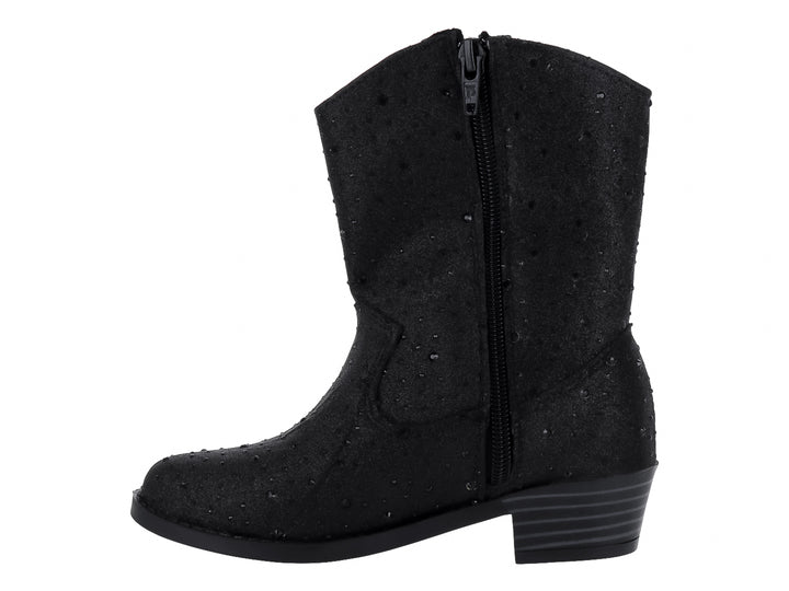 Bota vaquera color negro con detalles brillantes y tacón bajo para niña.