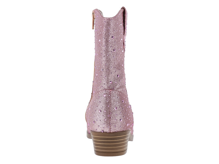 Bota vaquera para niña en color rosa brillante con acabado de glitter y suela marrón.