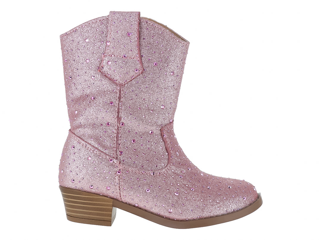 Bota vaquera para niña en color rosa con acabado brillante y glitter.