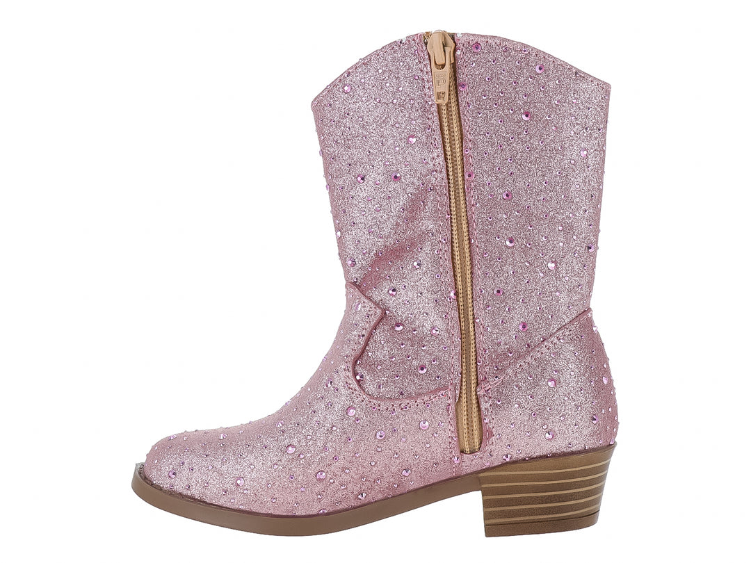 Bota vaquera para niña en color rosa con acabado brillante y glitter.