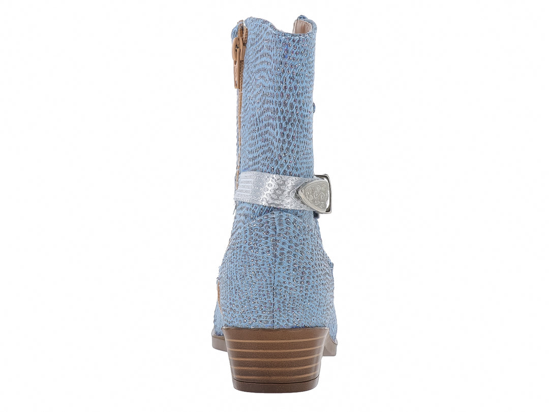 Bota vaquera para niña en color azul metálico con hebilla plateada y tacón marrón.