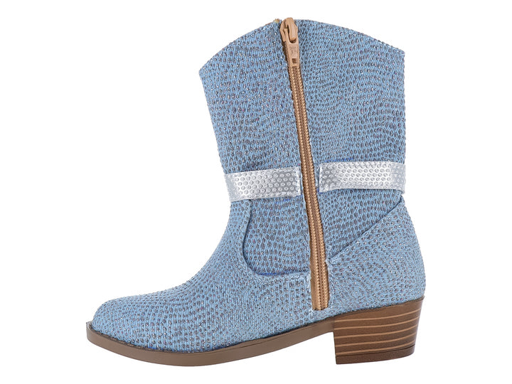 Bota vaquera para niña en color azul metálico con hebilla plateada y tacón marrón.