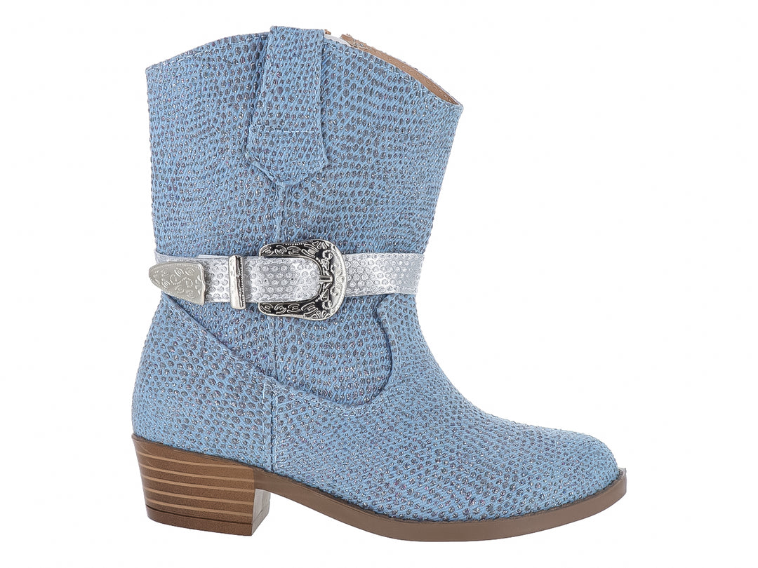 Bota vaquera infantil color azul metálico con hebilla plateada y suela marrón.