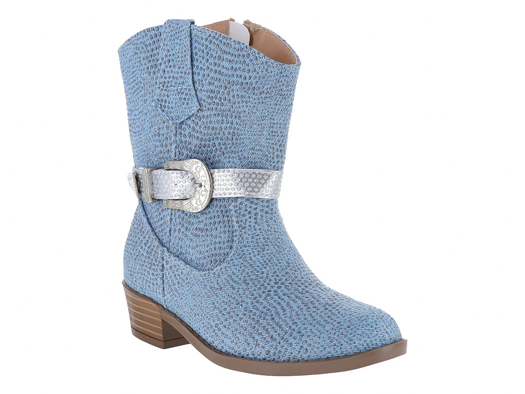 Bota vaquera infantil color azul metálico con hebilla plateada y suela marrón.