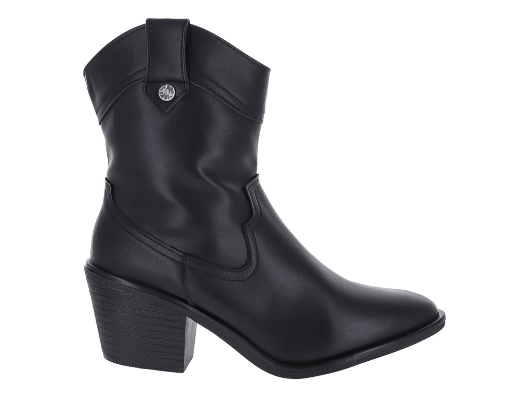 Botín negro de Mujer con tacón cuadrado y detalles de costura estilo western.