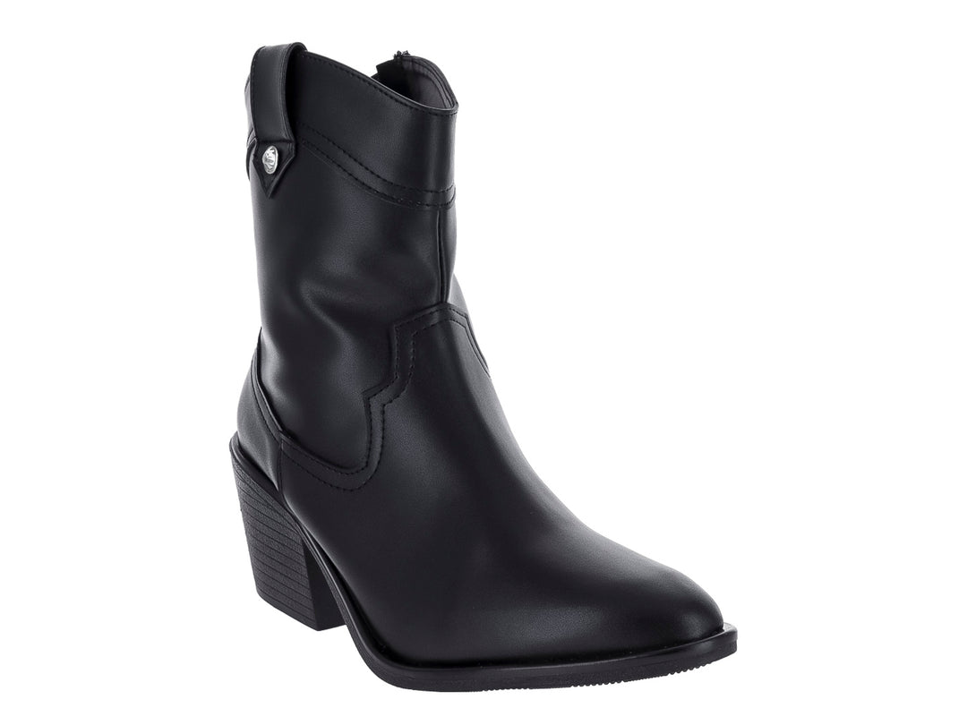 Botín negro de Mujer con tacón cuadrado y detalles de costura estilo western.