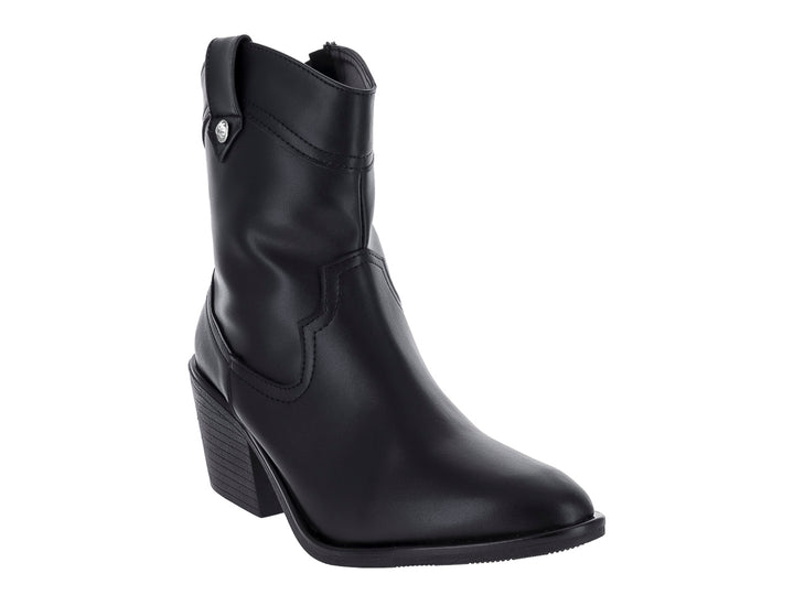 Botín negro de Mujer con tacón cuadrado y detalles de costura estilo western.