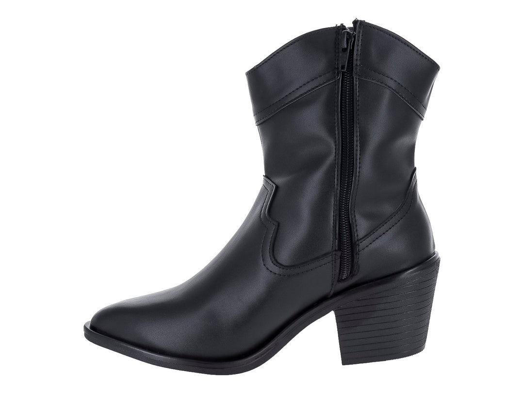 Botín negro de Mujer con tacón cuadrado y detalles de costura estilo western.