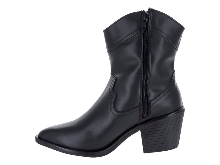 Botín negro de Mujer con tacón cuadrado y detalles de costura estilo western.